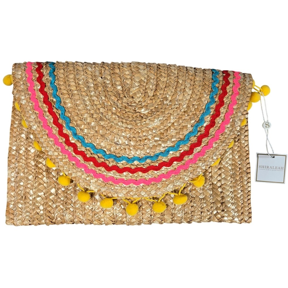 Shiraleah Chicago Lourdess Clutch Straw Pom Pom Trim‎ Multicolor NWT